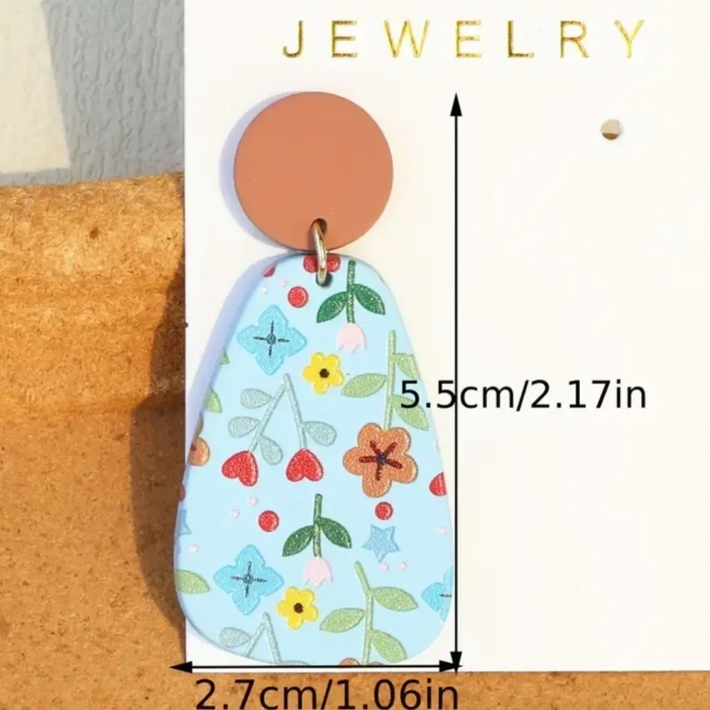 Floral Pattern Blue Clay Polymer Dangle Earrings